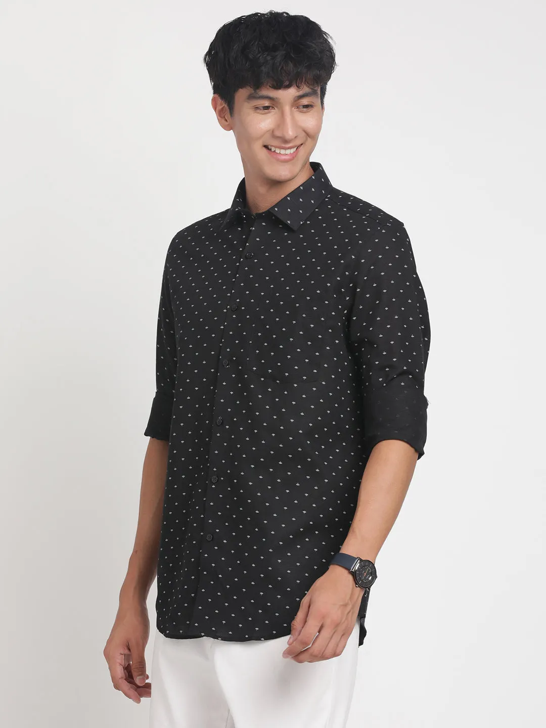 Cotton Linen Black Printed Slim Fit Full Sleeve Formal Shirt