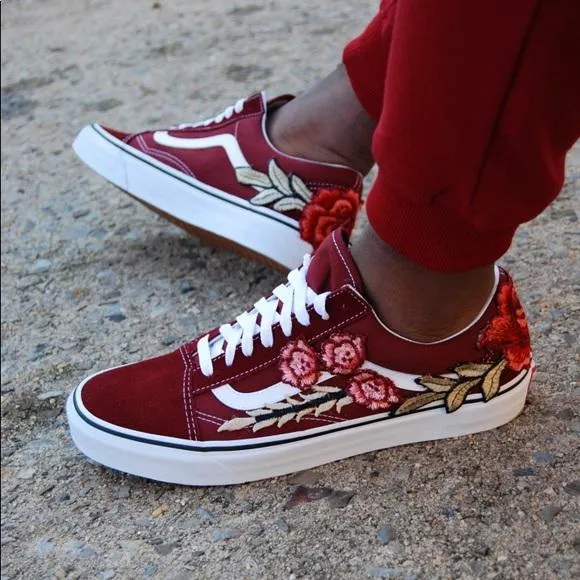 Custom Embroidered Rose Vans Stay Low Sneakers Shoes - (RED)