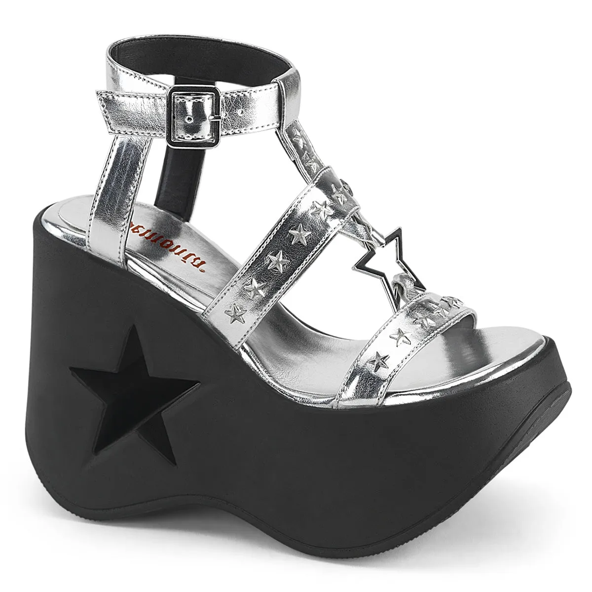 Demonia DYNAMITE-12 | Silve Metallic Vegan Leather Sandals