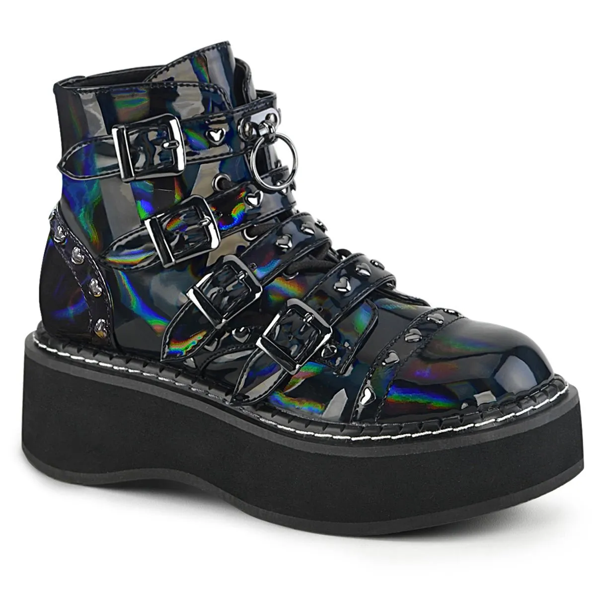 Demonia EMILY-315 | Black Holographic Vegan Leather Ankle Boots