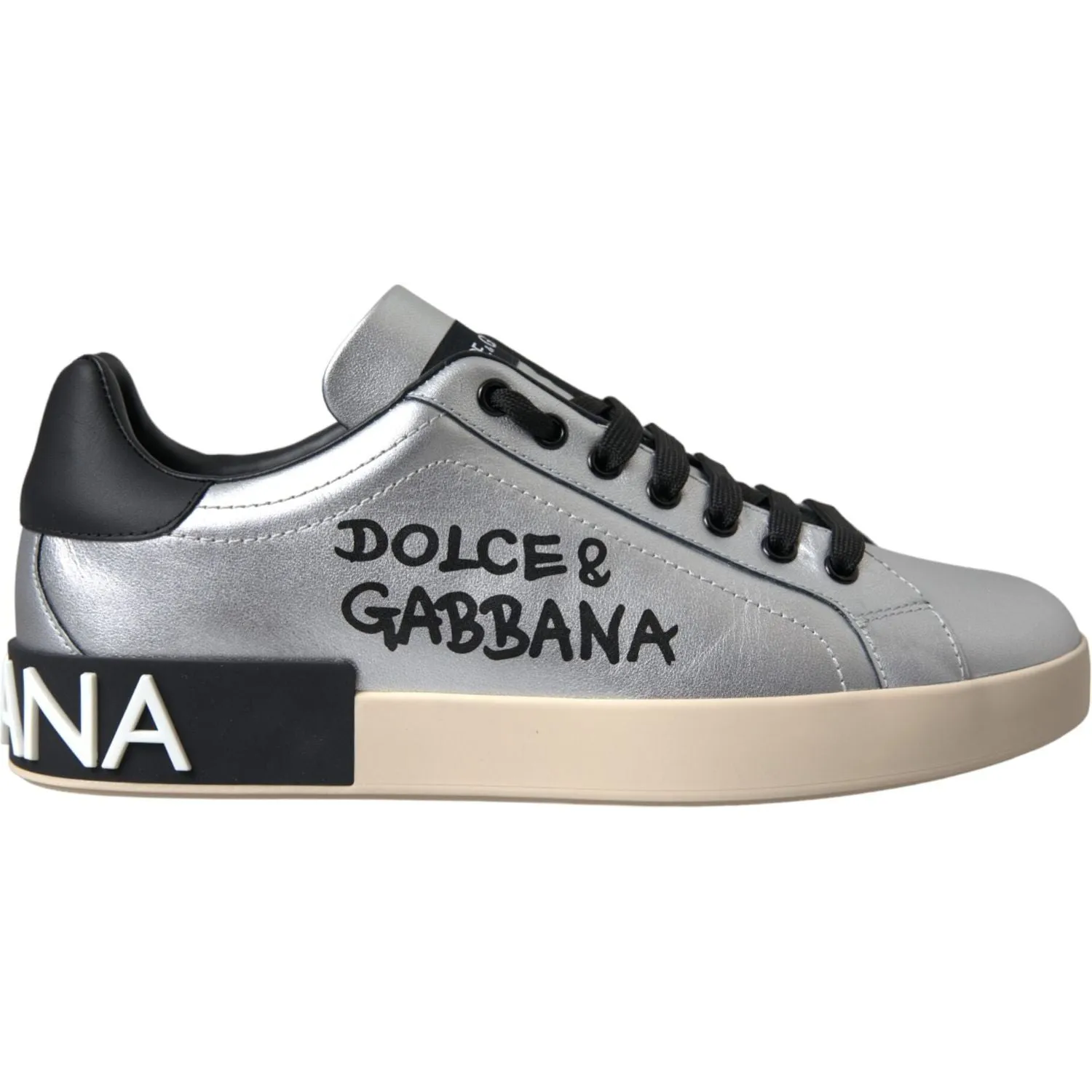 Dolce & Gabbana Silver Portofino Calf Leather Sneakers Men Shoes