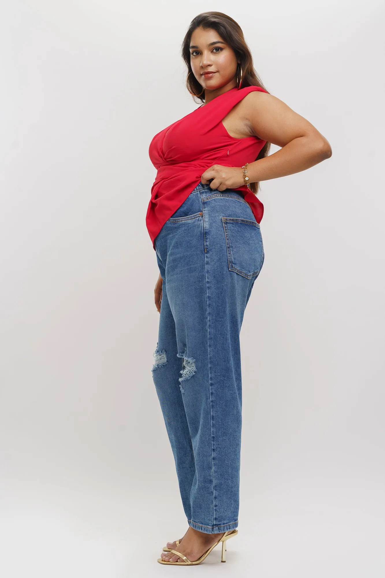 Elasticated Heavy Distresses Mom Jeans