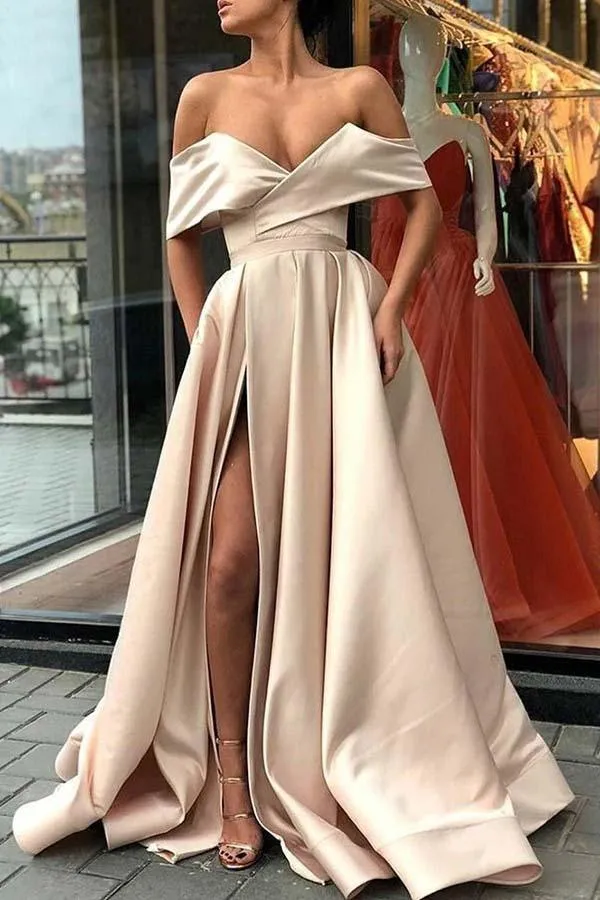 Elegant Off Shoulder Satin Split Sweep Train Prom/Formal Dress PG783