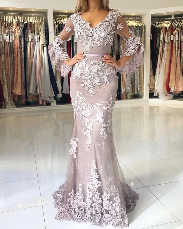 Elegant Puffy Sleeves Lace V-neck Mermaid Prom Evening Dresses,Formal Dress