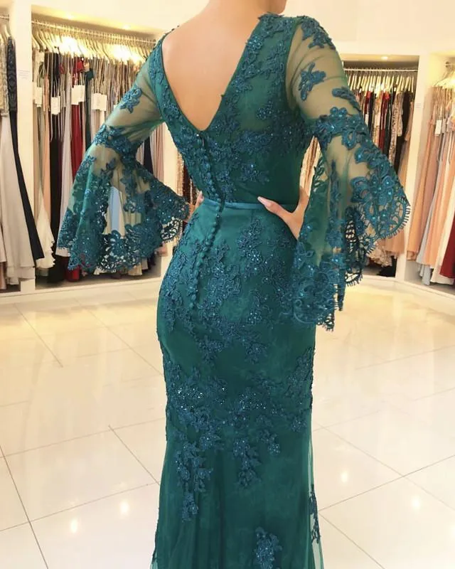 Elegant Puffy Sleeves Lace V-neck Mermaid Prom Evening Dresses,Formal Dress