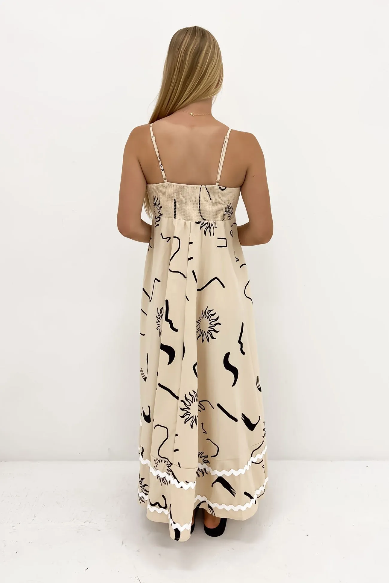 Gemma Maxi Dress Beige Black Sun Swirl