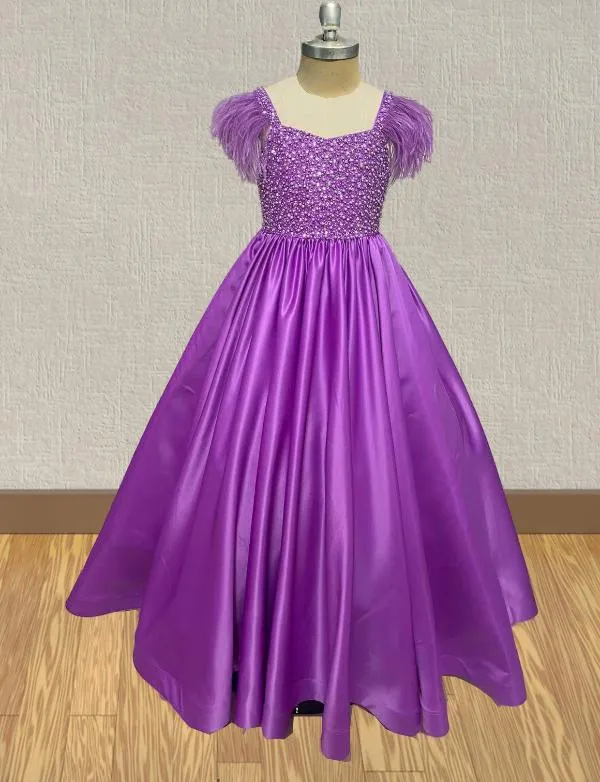 Girls Beauty Purple Pageant Dress with Feather