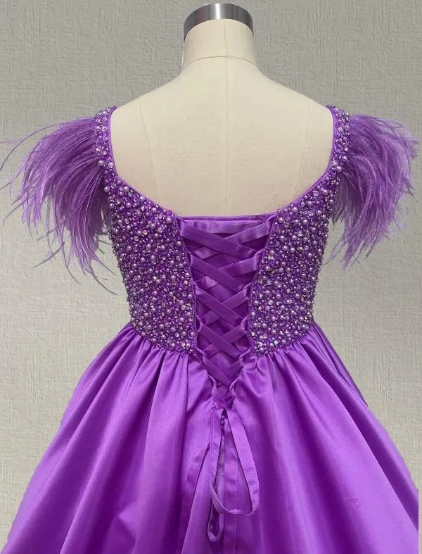 Girls Beauty Purple Pageant Dress with Feather