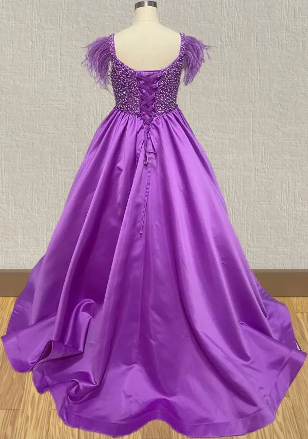 Girls Beauty Purple Pageant Dress with Feather