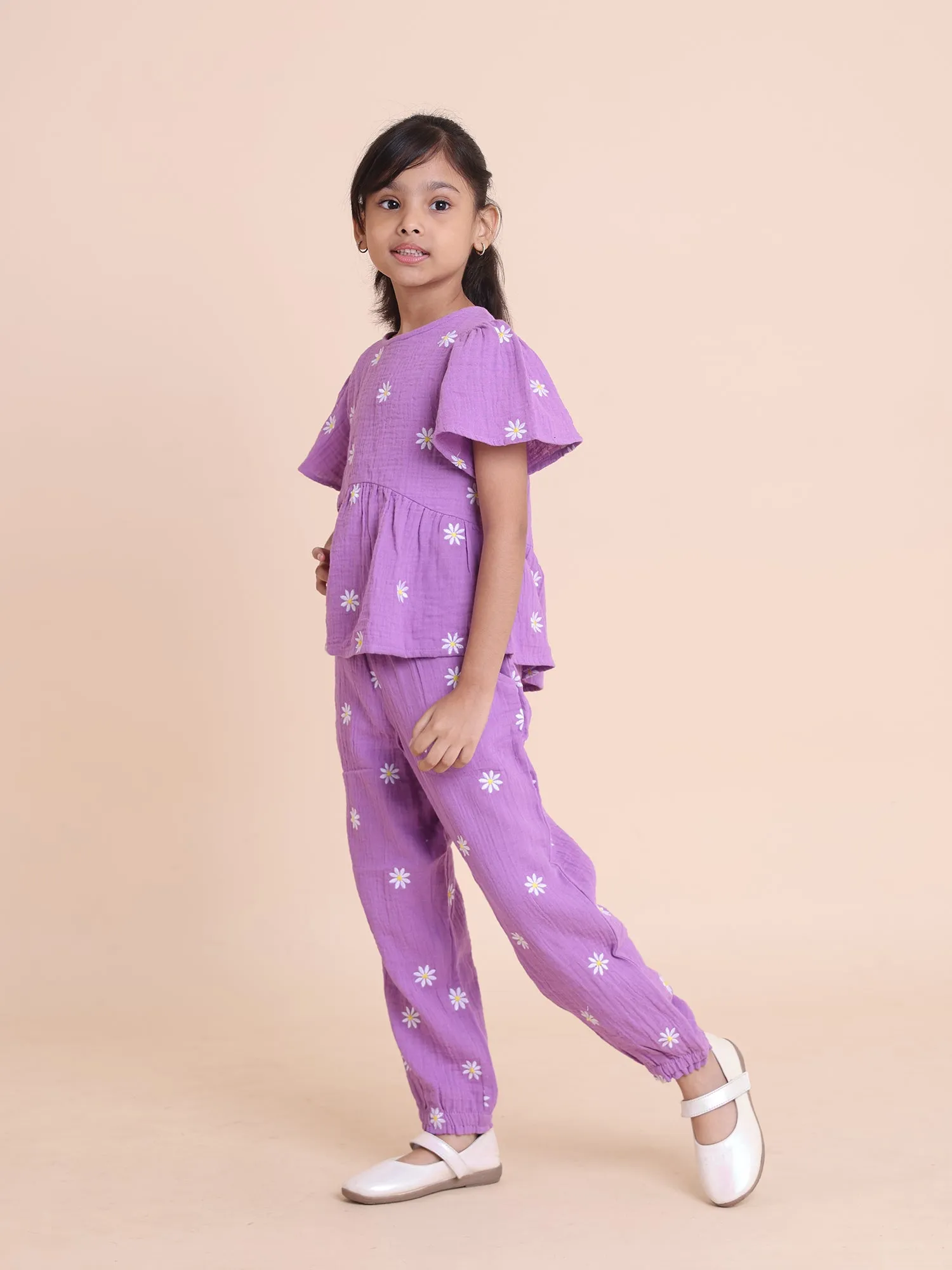 Girls Daisy Embroidered Purple Cotton 2-Piece Set