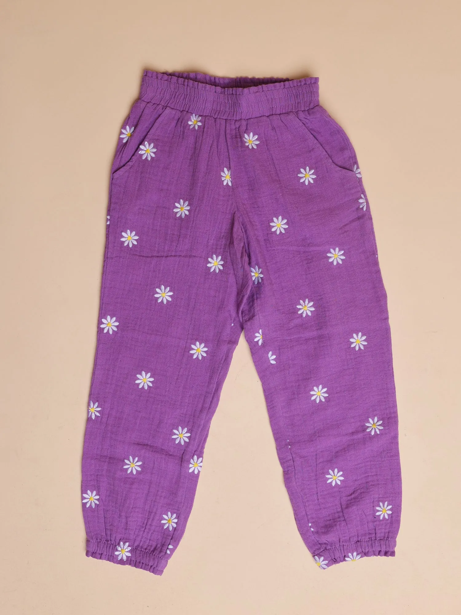 Girls Daisy Embroidered Purple Cotton 2-Piece Set