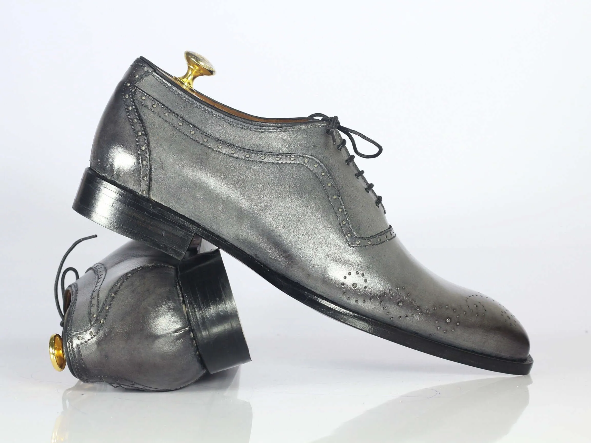 Handmade Gray Leather Wing tip Brogue Lace Up Shoe