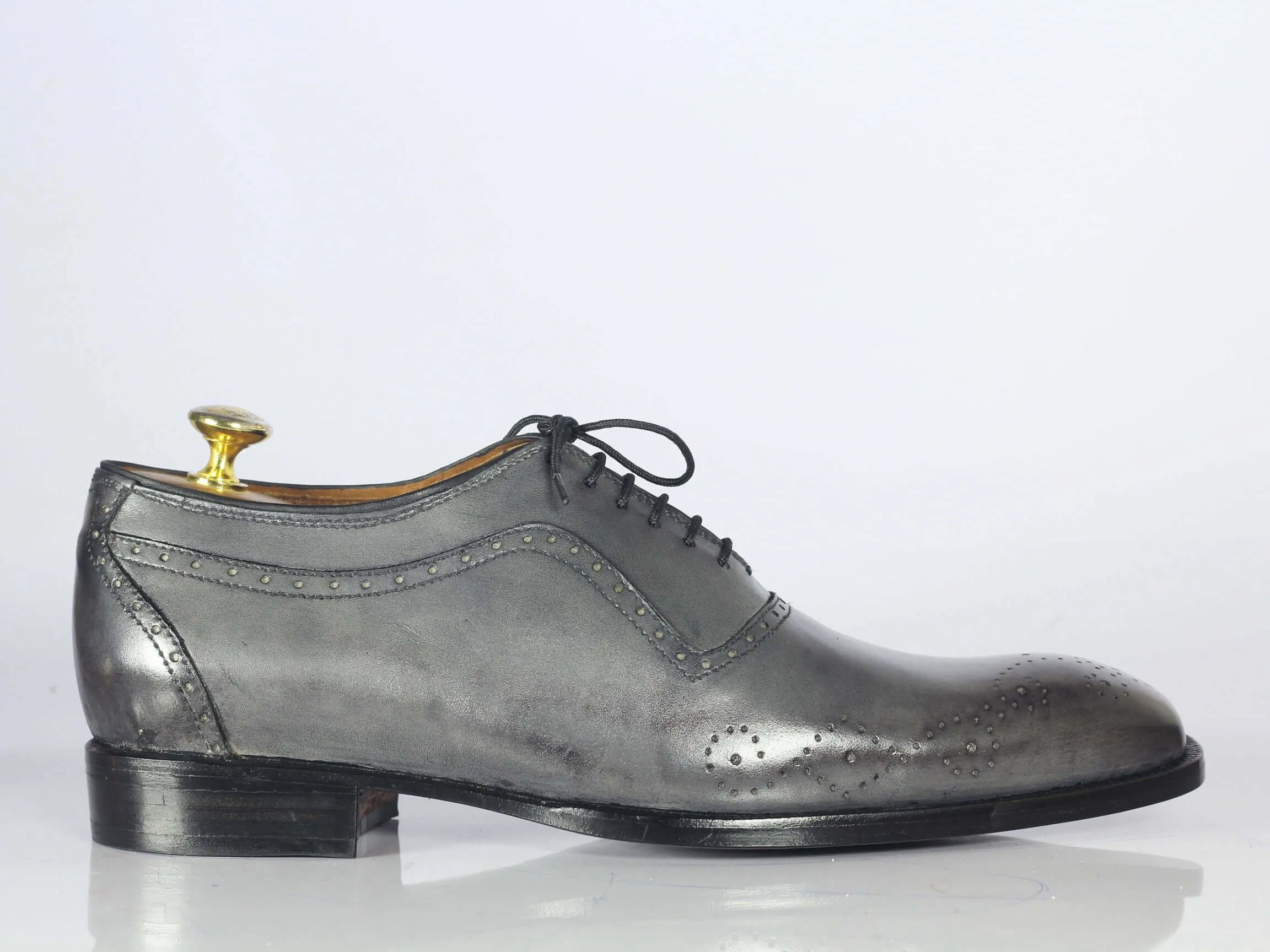 Handmade Gray Leather Wing tip Brogue Lace Up Shoe