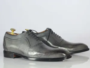 Handmade Gray Leather Wing tip Brogue Lace Up Shoe