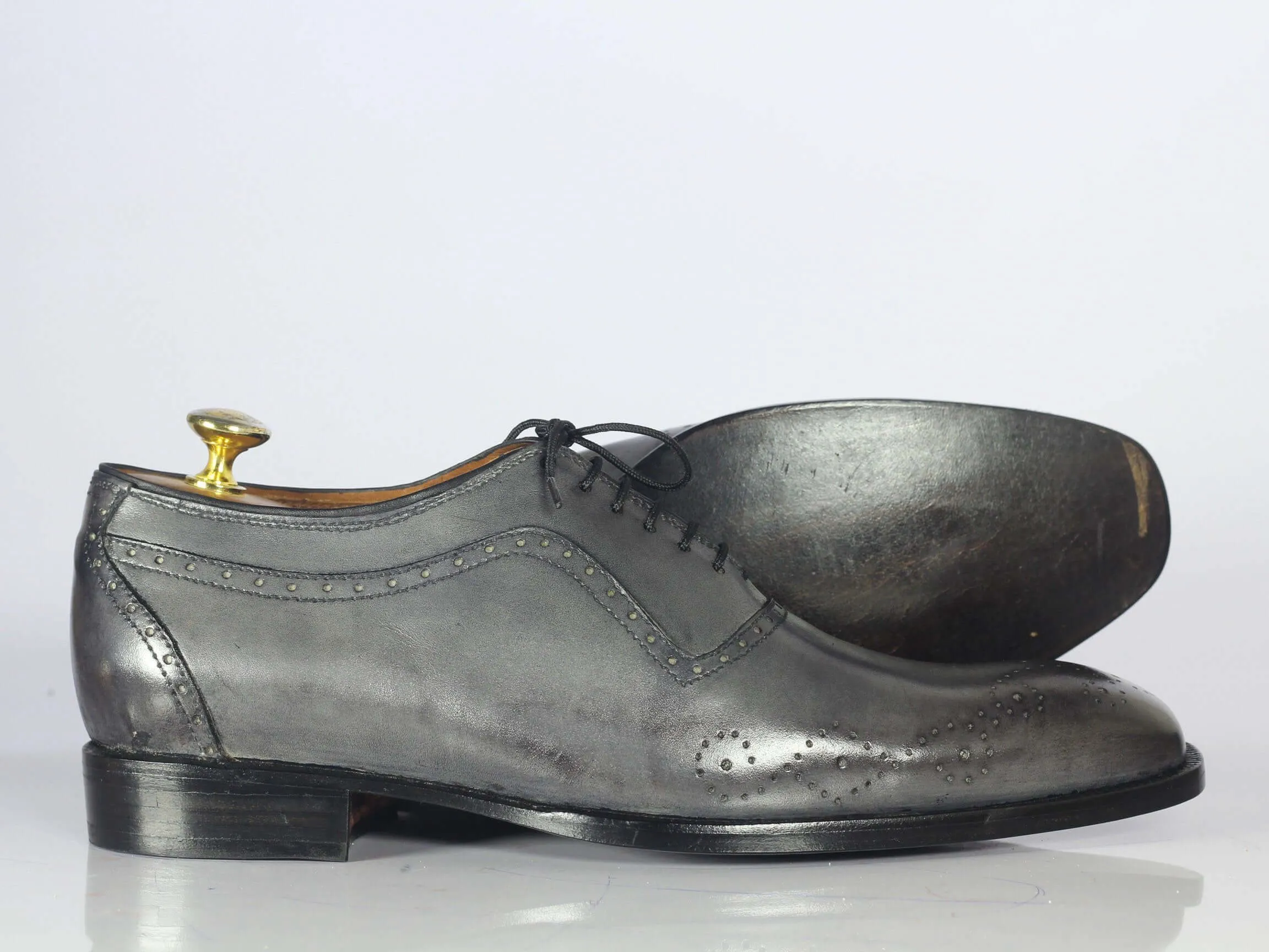 Handmade Gray Leather Wing tip Brogue Lace Up Shoe