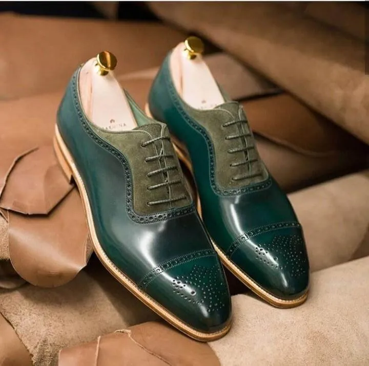 Handmade Men's Green Leather Suede Cap Toe  Shoe