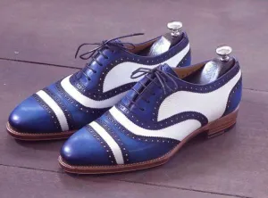 Handmade Men's Leather Blue White Cap Toe Shoes