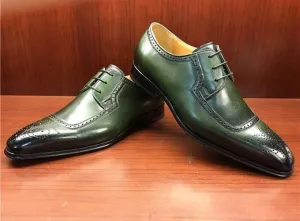 Handmade Men's Leather Green Black Brogue Shoes