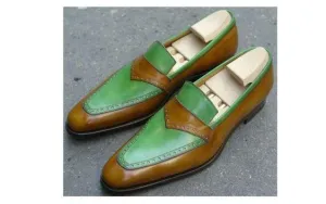 Handmade Men's Leather Green Brown Slip On Shoes