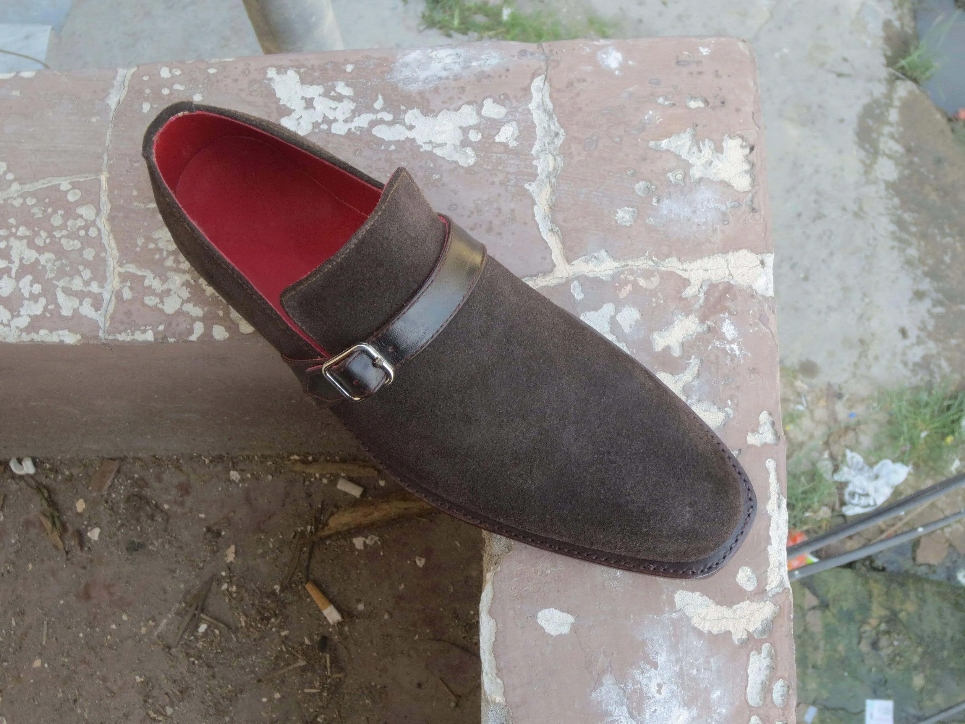 Handmade Men's Suede Dark Brown Monk Strap Shoes