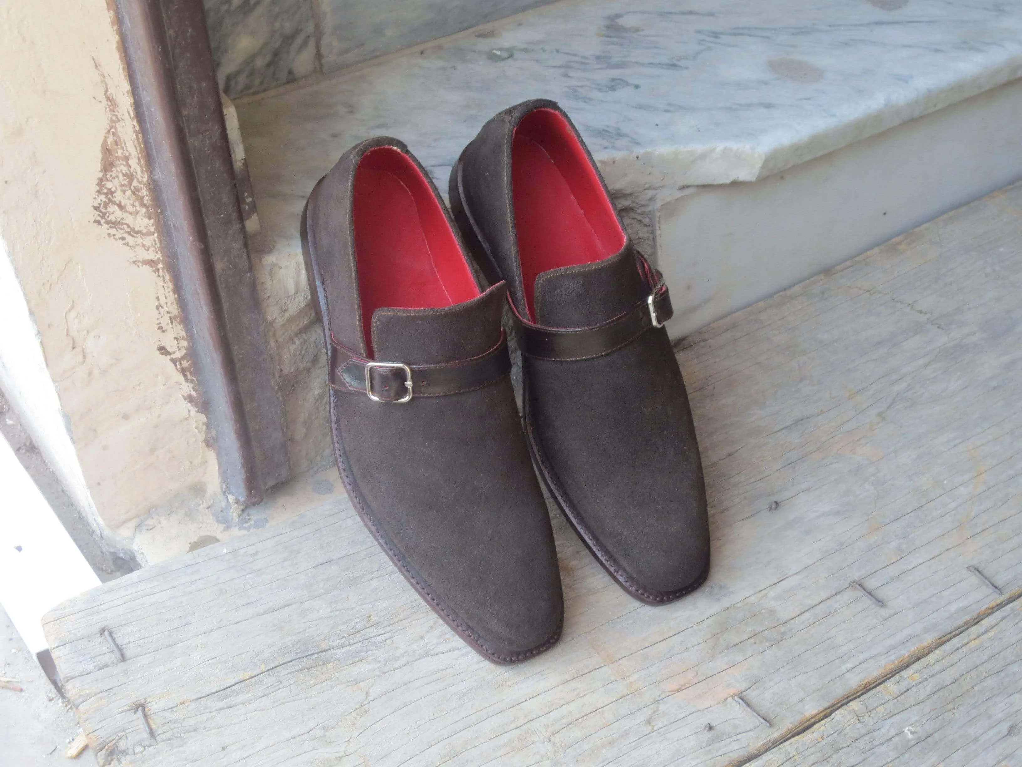 Handmade Men's Suede Dark Brown Monk Strap Shoes