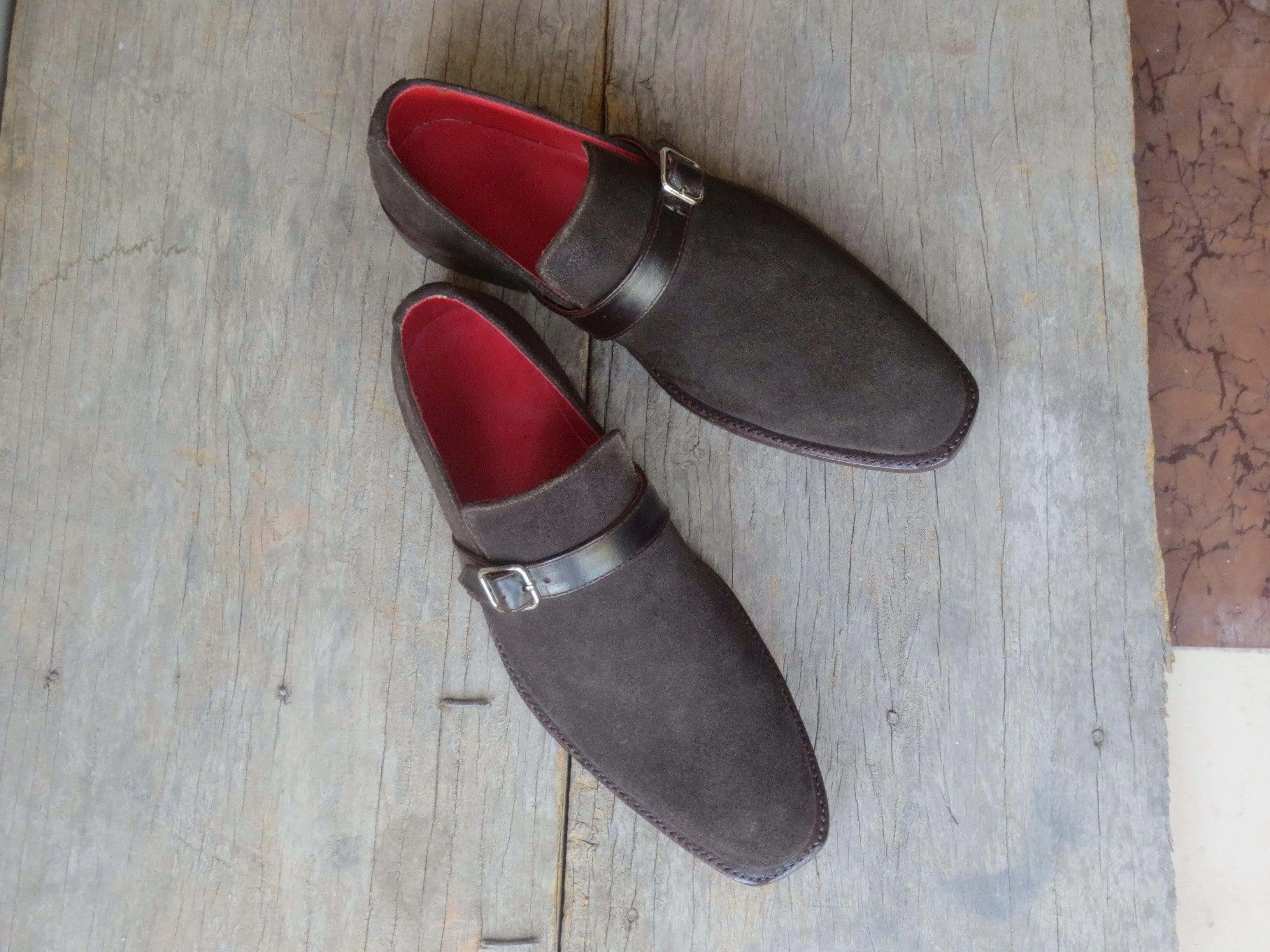 Handmade Men's Suede Dark Brown Monk Strap Shoes