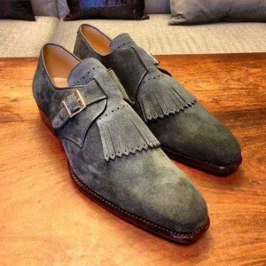 Handmade Men's Suede Monk Strap Gray Derby Fringe Shoes