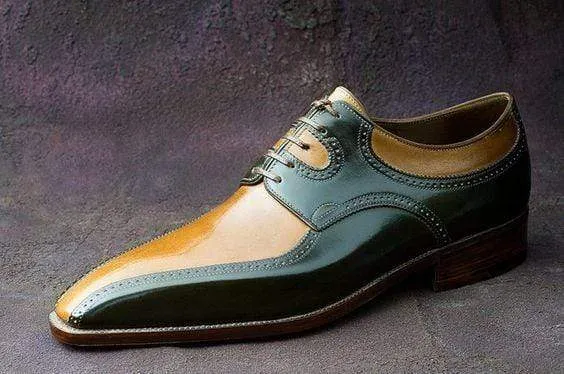 Handmade Men's Tan Green Leather Derby Shoes