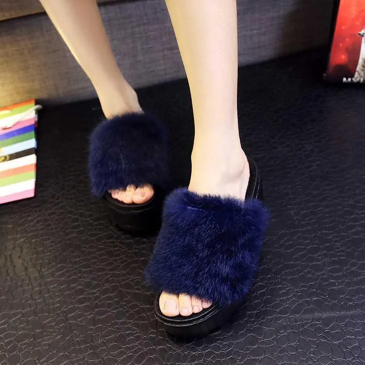 High Platform Fluffy Faux Fur Open Sandals