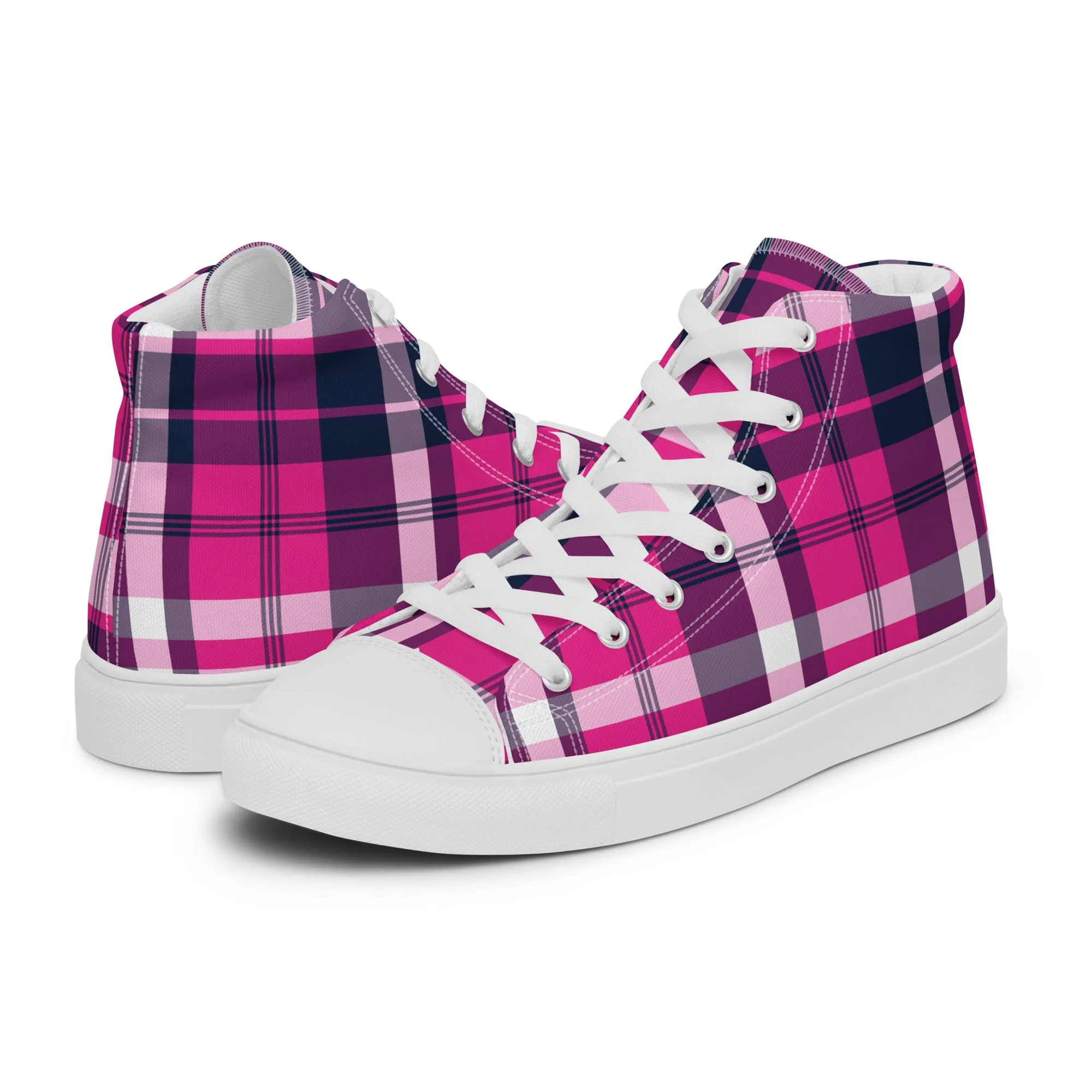 Hot Pink and Navy Blue Preppy Surfer Plaid High Top Canvas Shoes