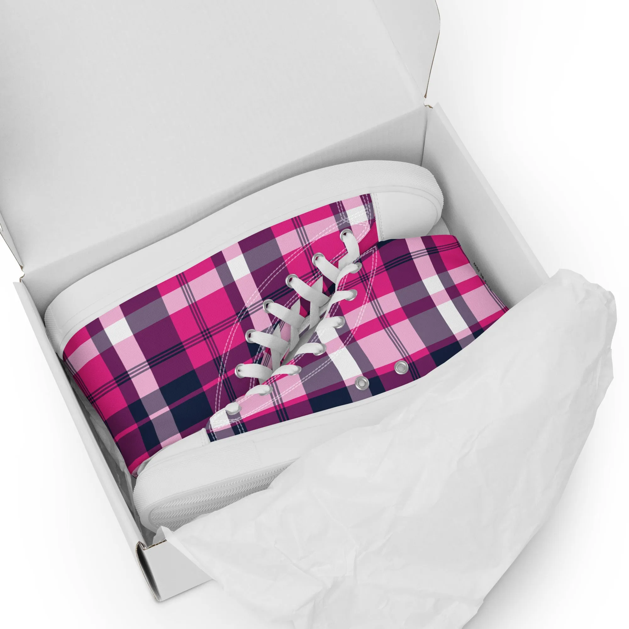 Hot Pink and Navy Blue Preppy Surfer Plaid High Top Canvas Shoes