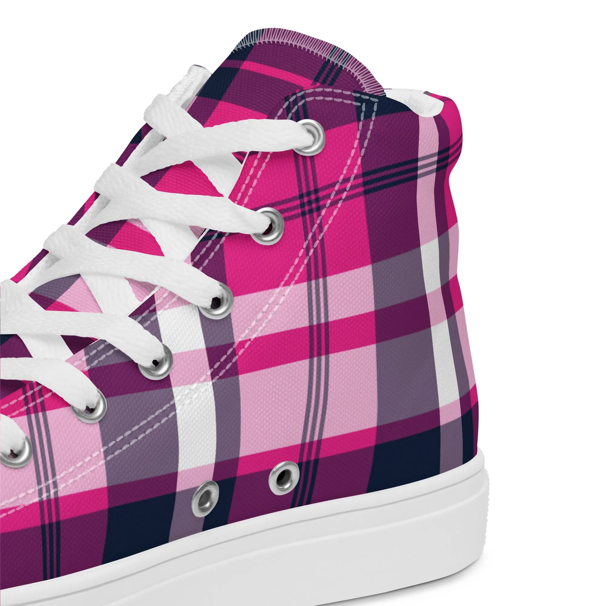 Hot Pink and Navy Blue Preppy Surfer Plaid High Top Canvas Shoes