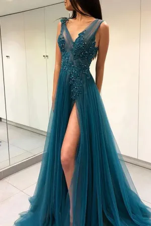 Ink Blue V-neck Tulle Appliques Beaded Split Long Prom Evening Dress