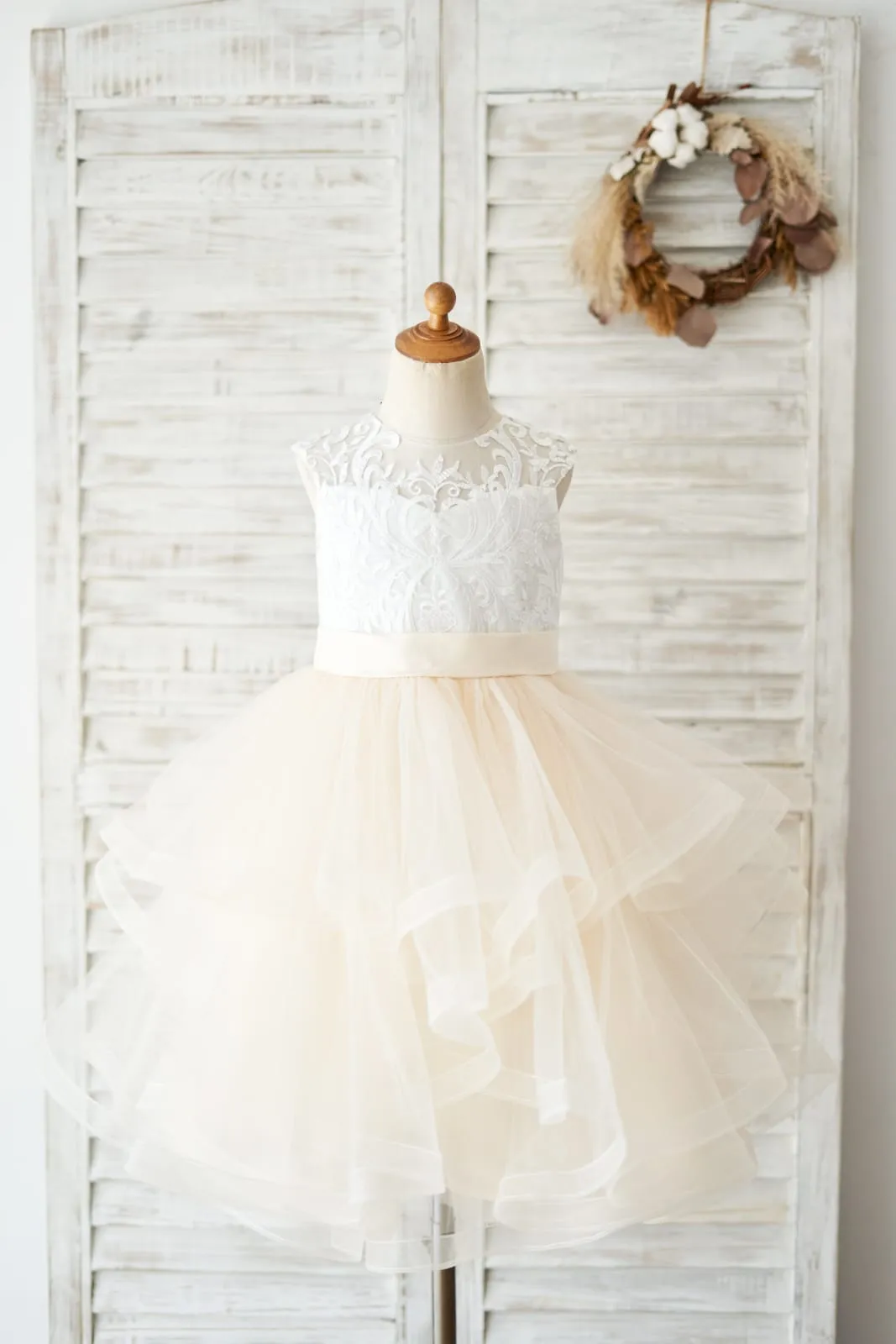 Ivory Lace Champagne Tulle Short Knee Length Wedding Flower Girl Dress