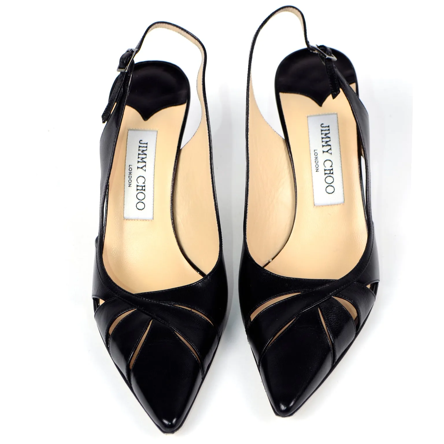 Jimmy Choo Shoes Black Leather Cutout Slingback Heels w Box