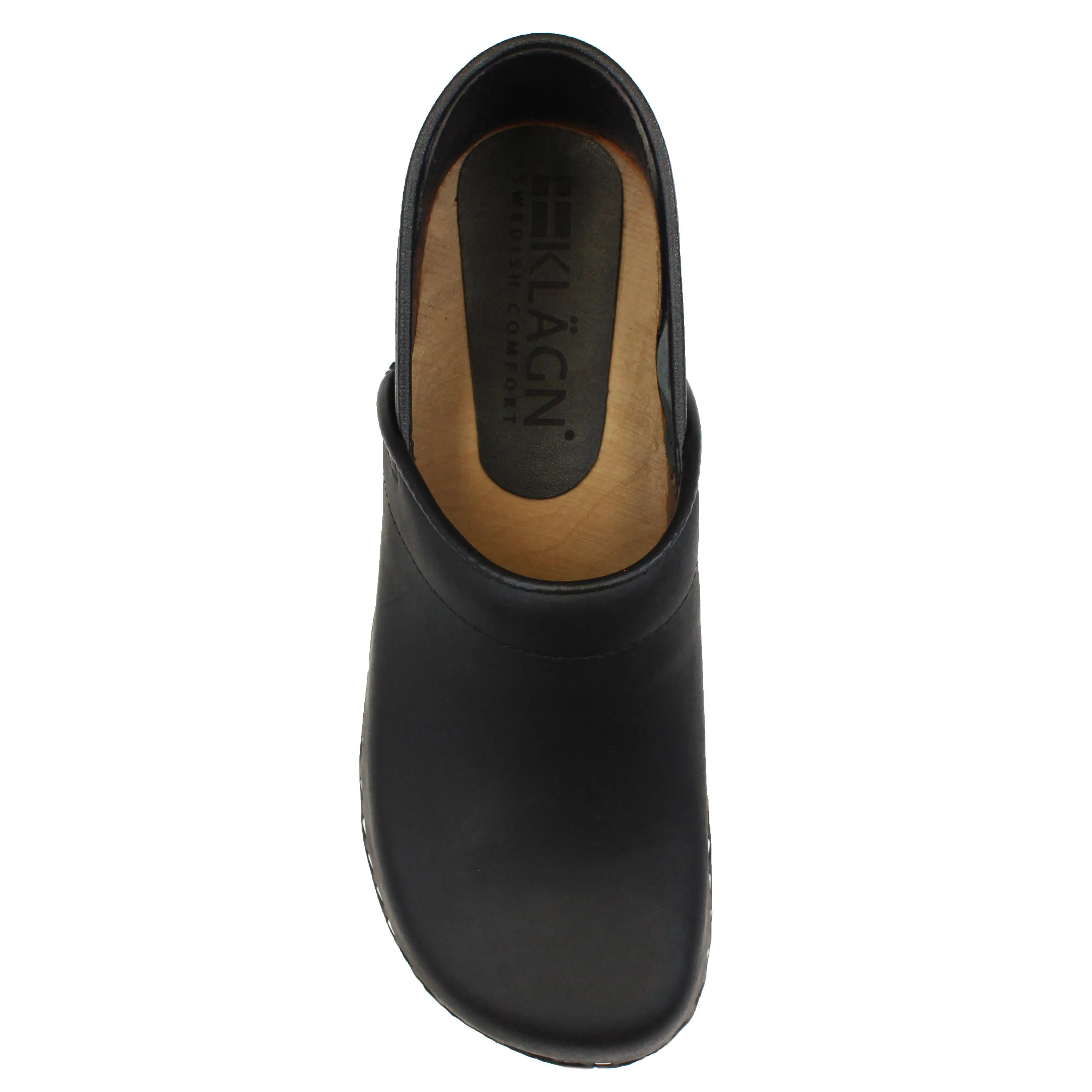 KLÄGN Tindra Wood Closed Back Grip Black Leather Clogs