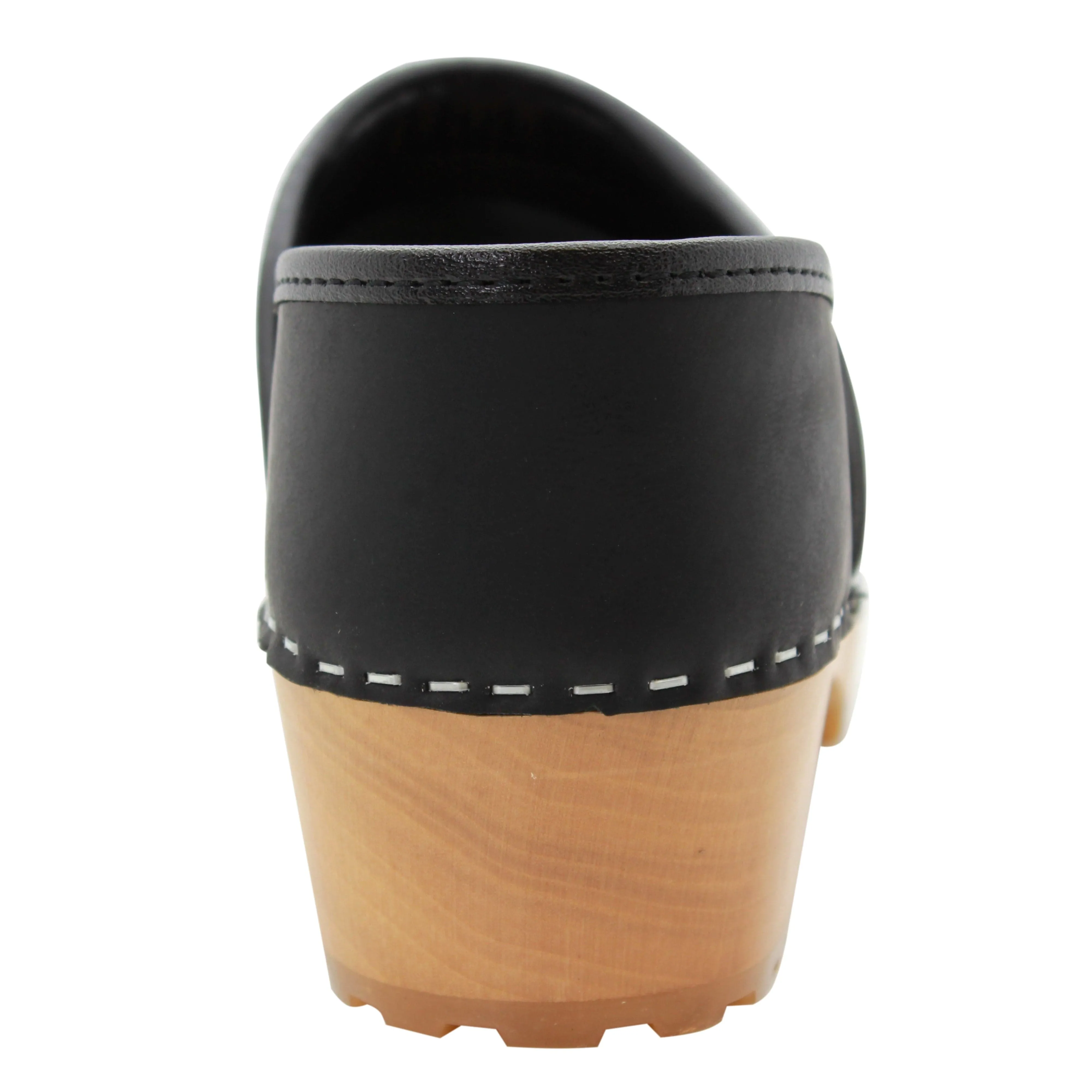 KLÄGN Tindra Wood Closed Back Grip Black Leather Clogs