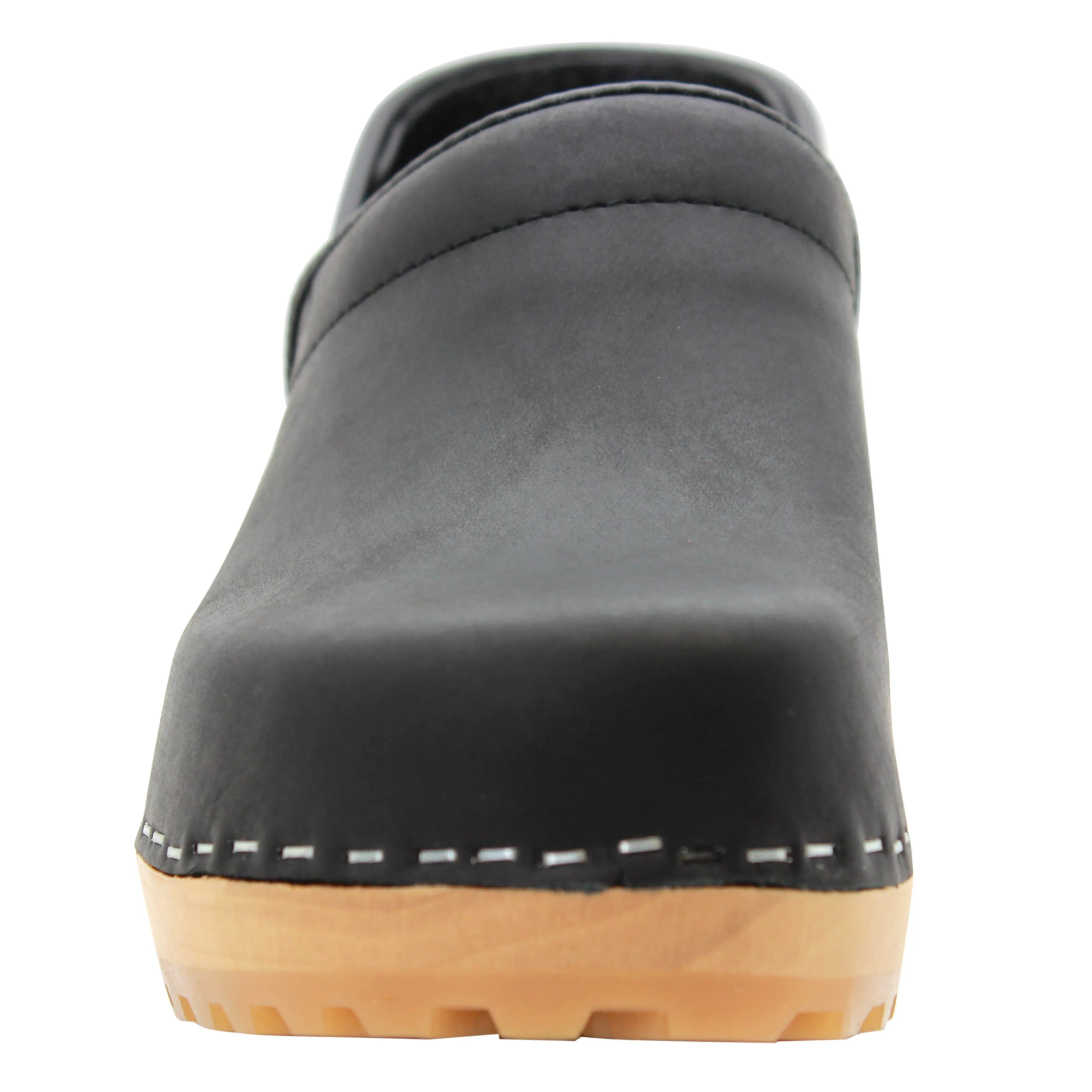 KLÄGN Tindra Wood Closed Back Grip Black Leather Clogs