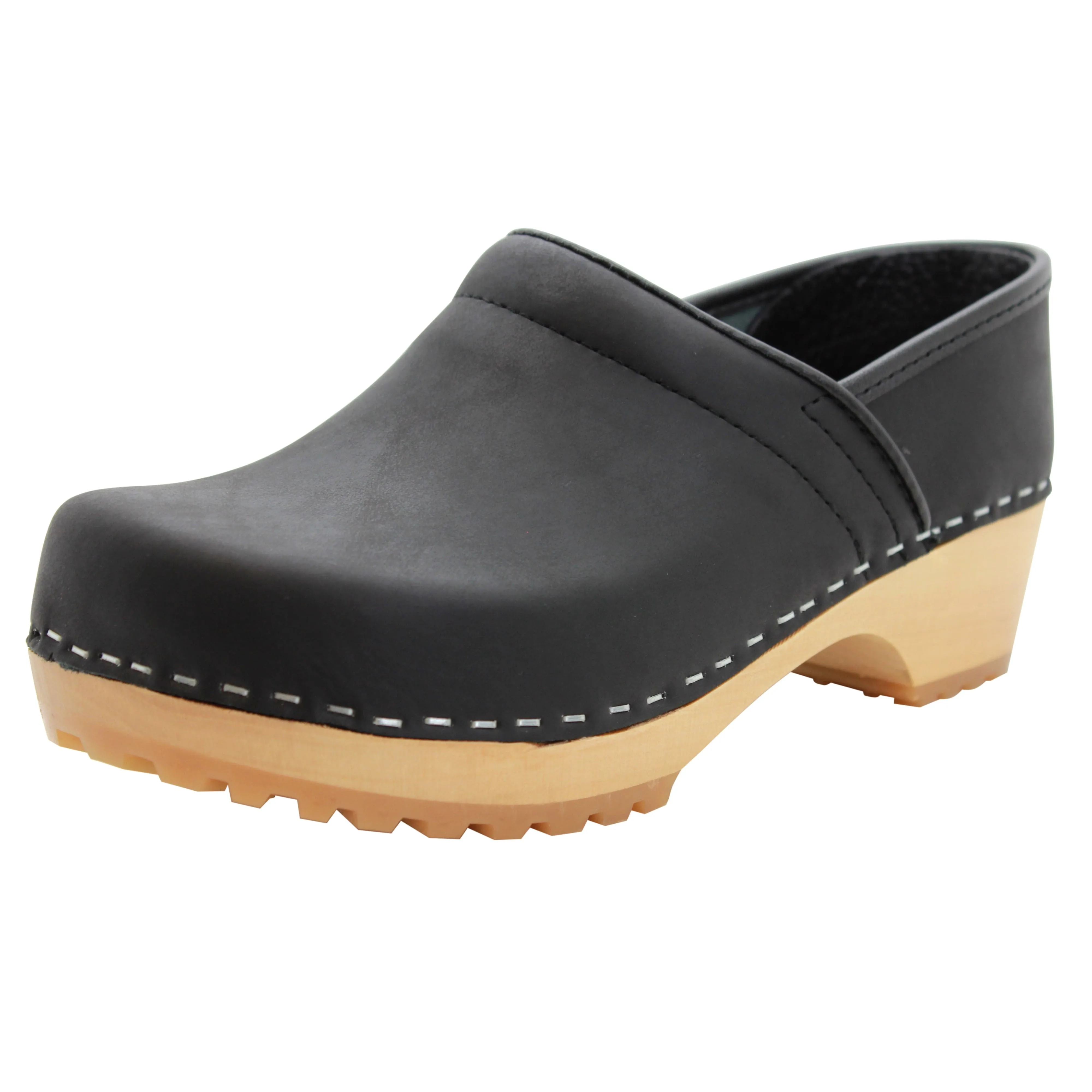 KLÄGN Tindra Wood Closed Back Grip Black Leather Clogs