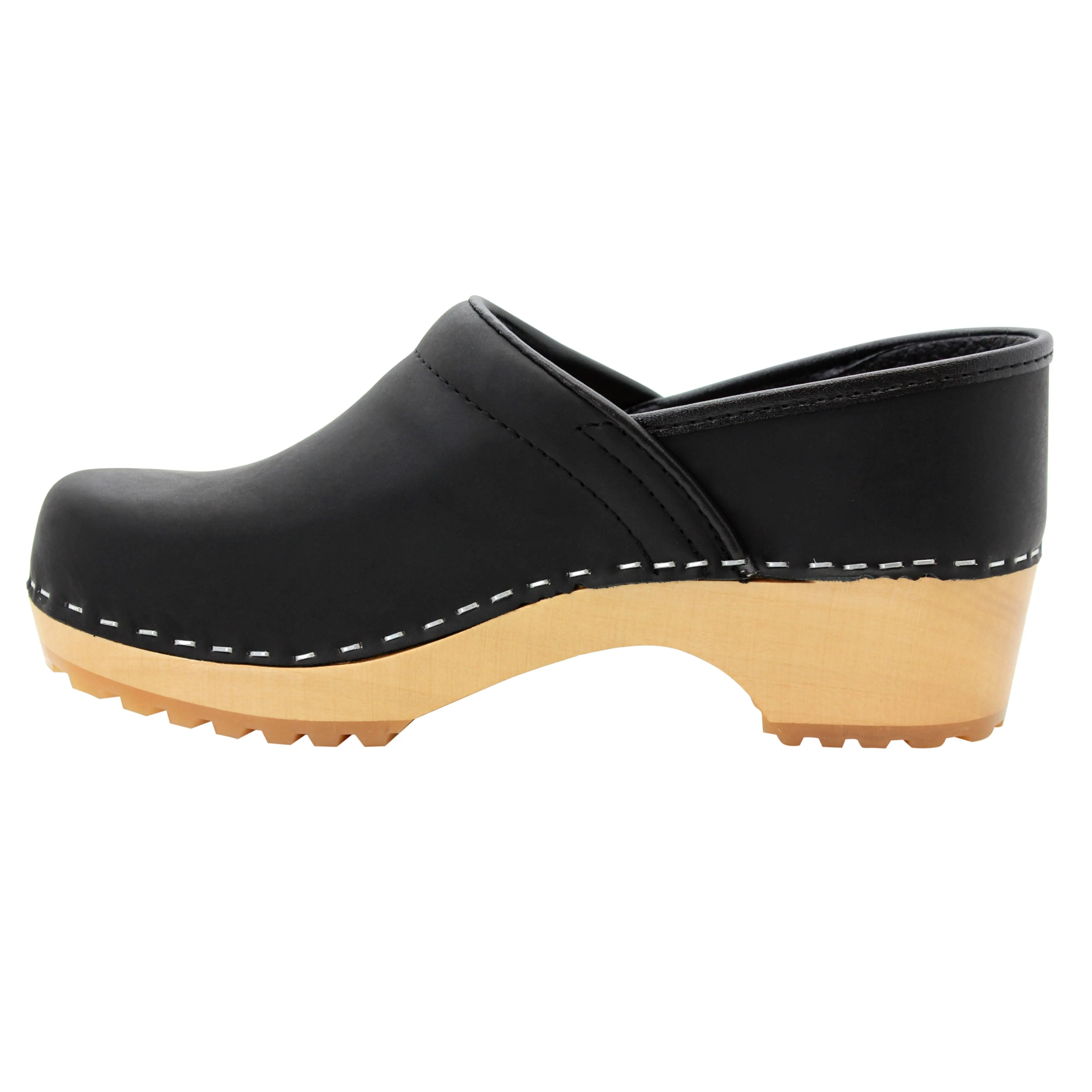 KLÄGN Tindra Wood Closed Back Grip Black Leather Clogs