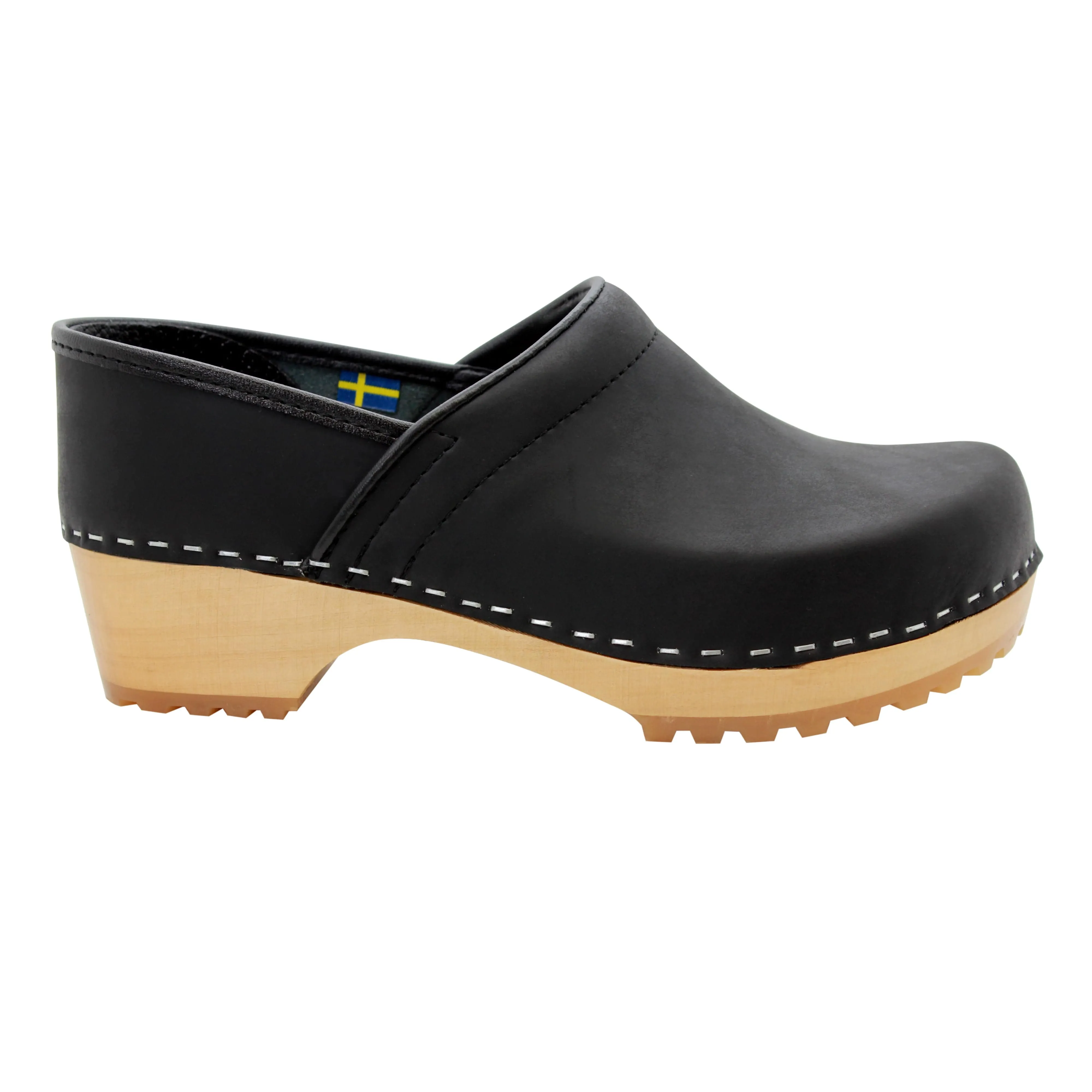 KLÄGN Tindra Wood Closed Back Grip Black Leather Clogs