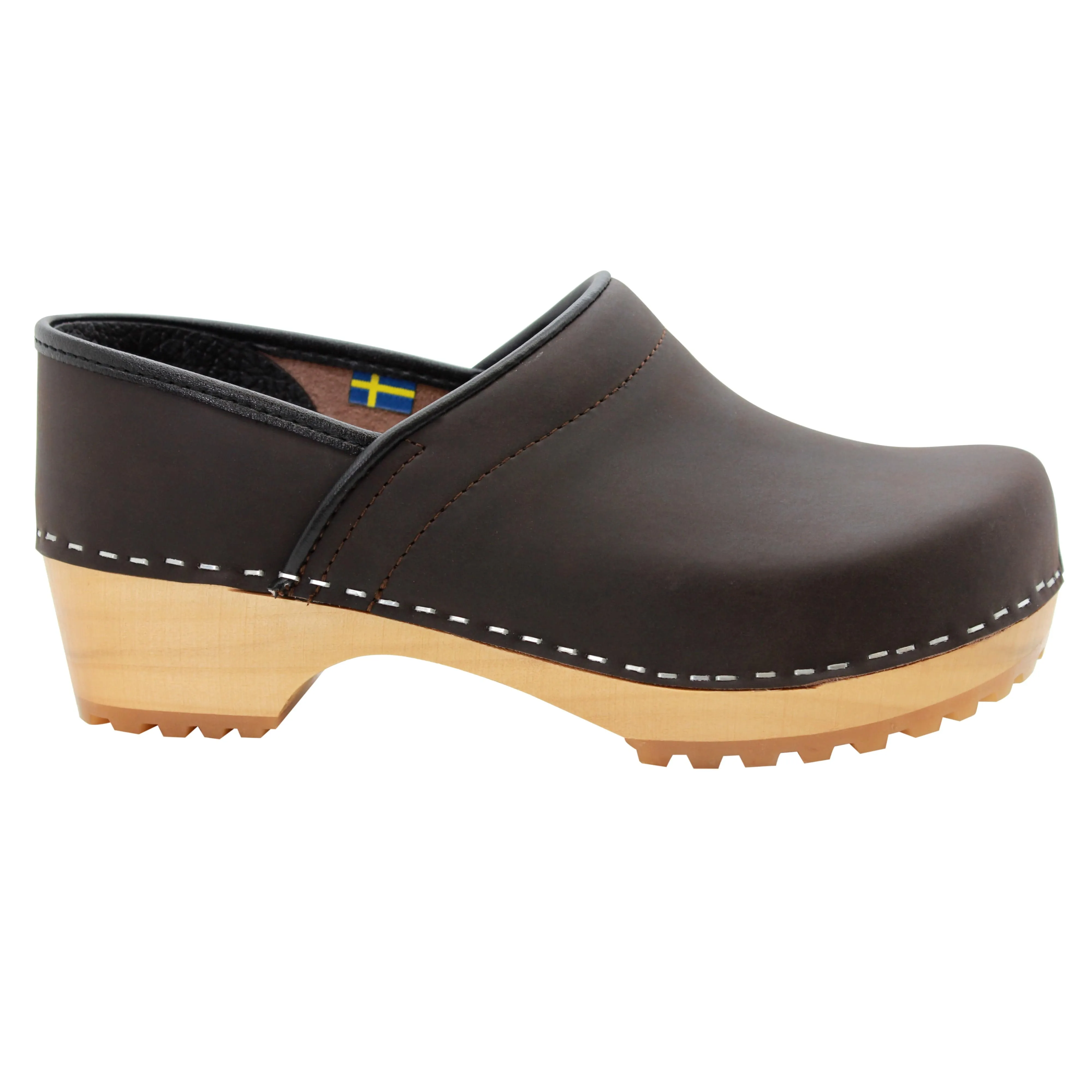 KLÄGN Tindra Wood Closed Back Grip Brown Leather Clogs