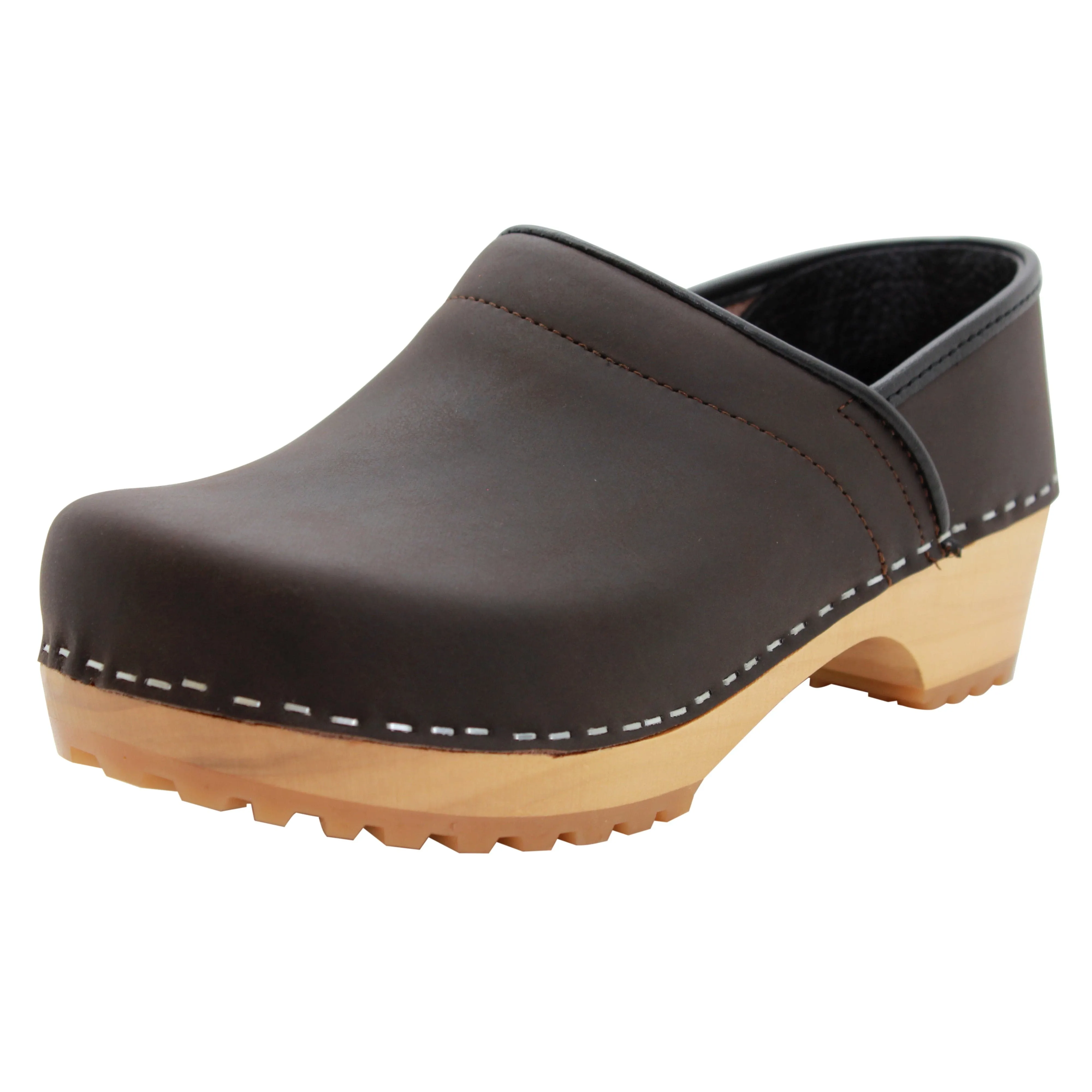 KLÄGN Tindra Wood Closed Back Grip Brown Leather Clogs