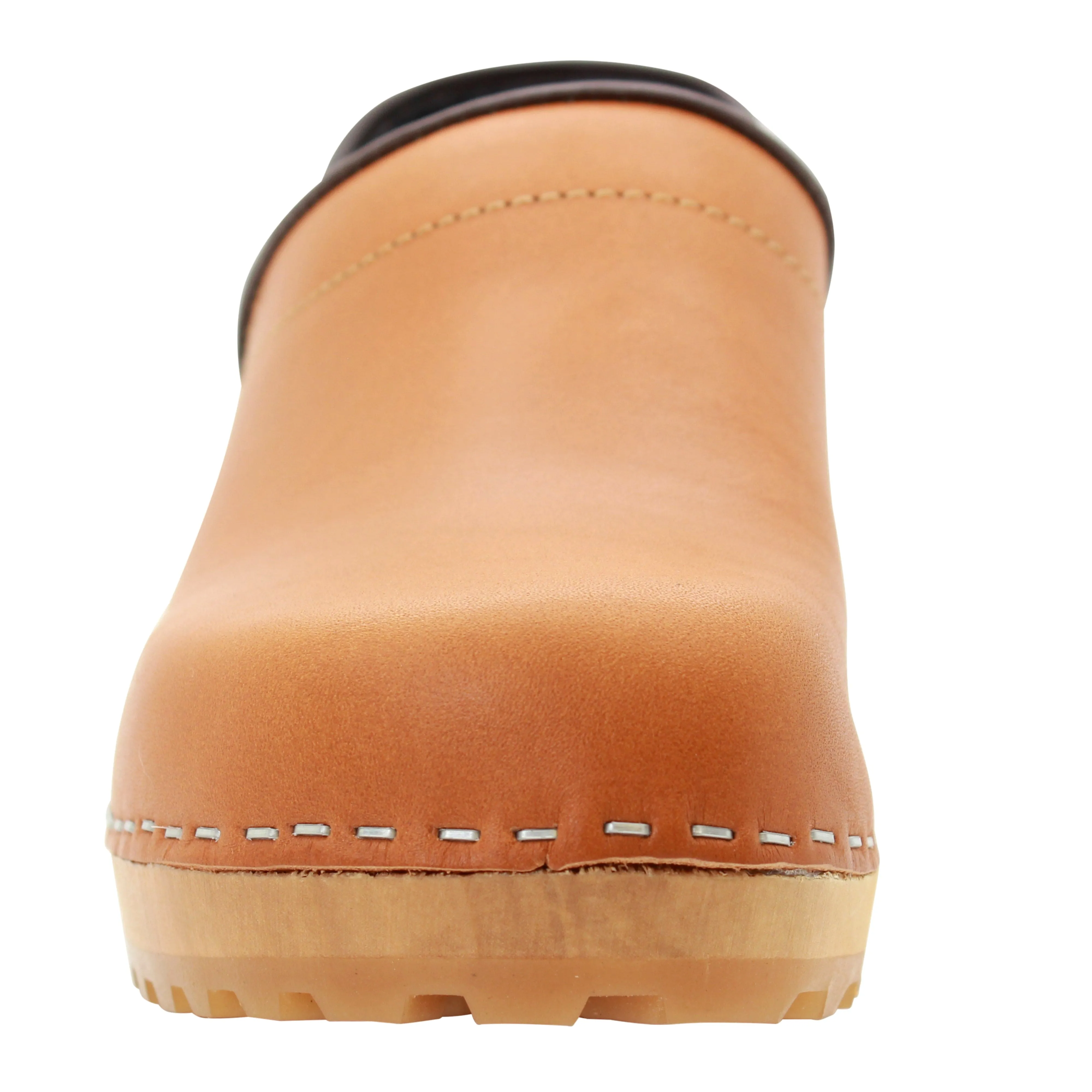 KLÄGN Tindra Wood Closed Back Grip Caramel Veg Tan Leather Clogs