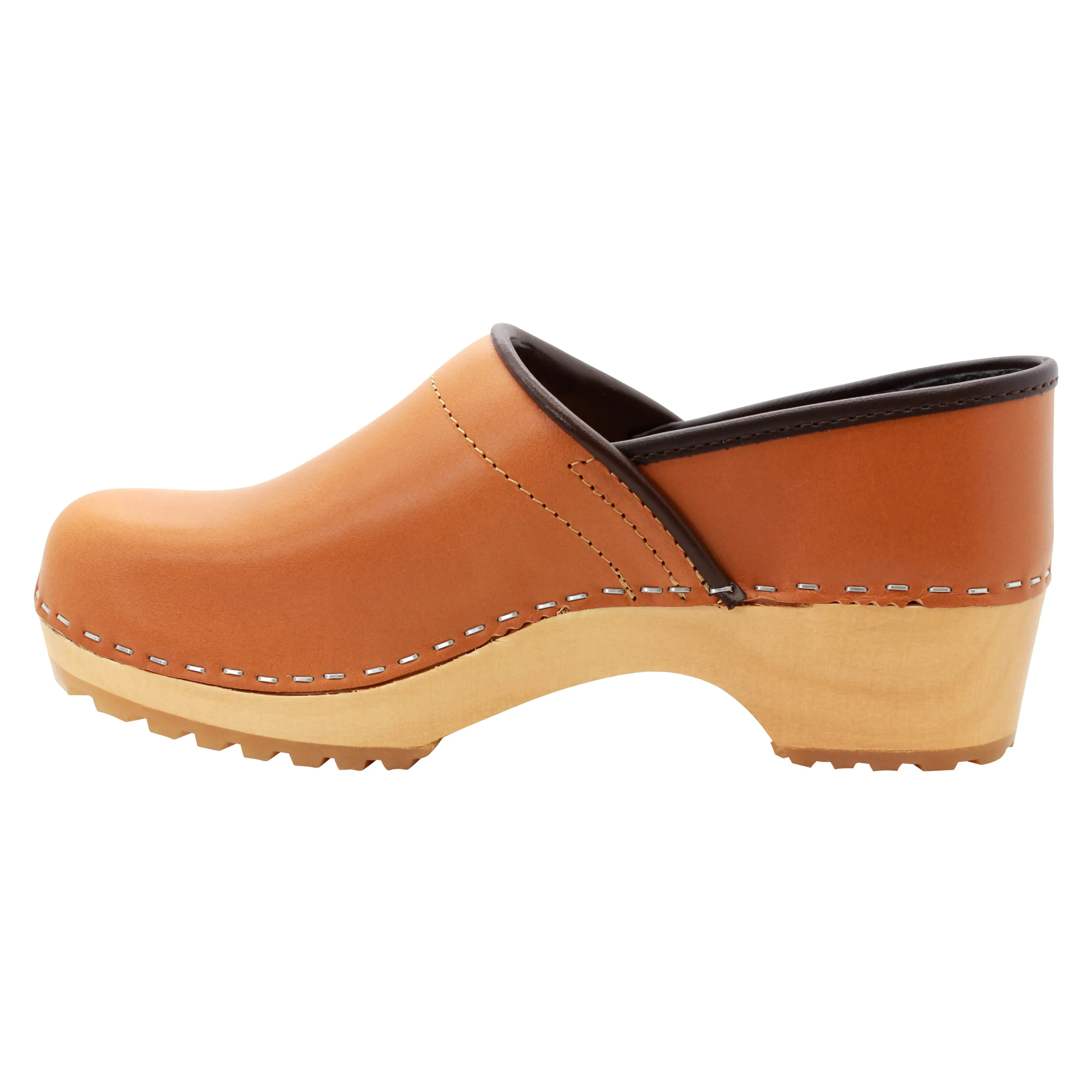 KLÄGN Tindra Wood Closed Back Grip Caramel Veg Tan Leather Clogs