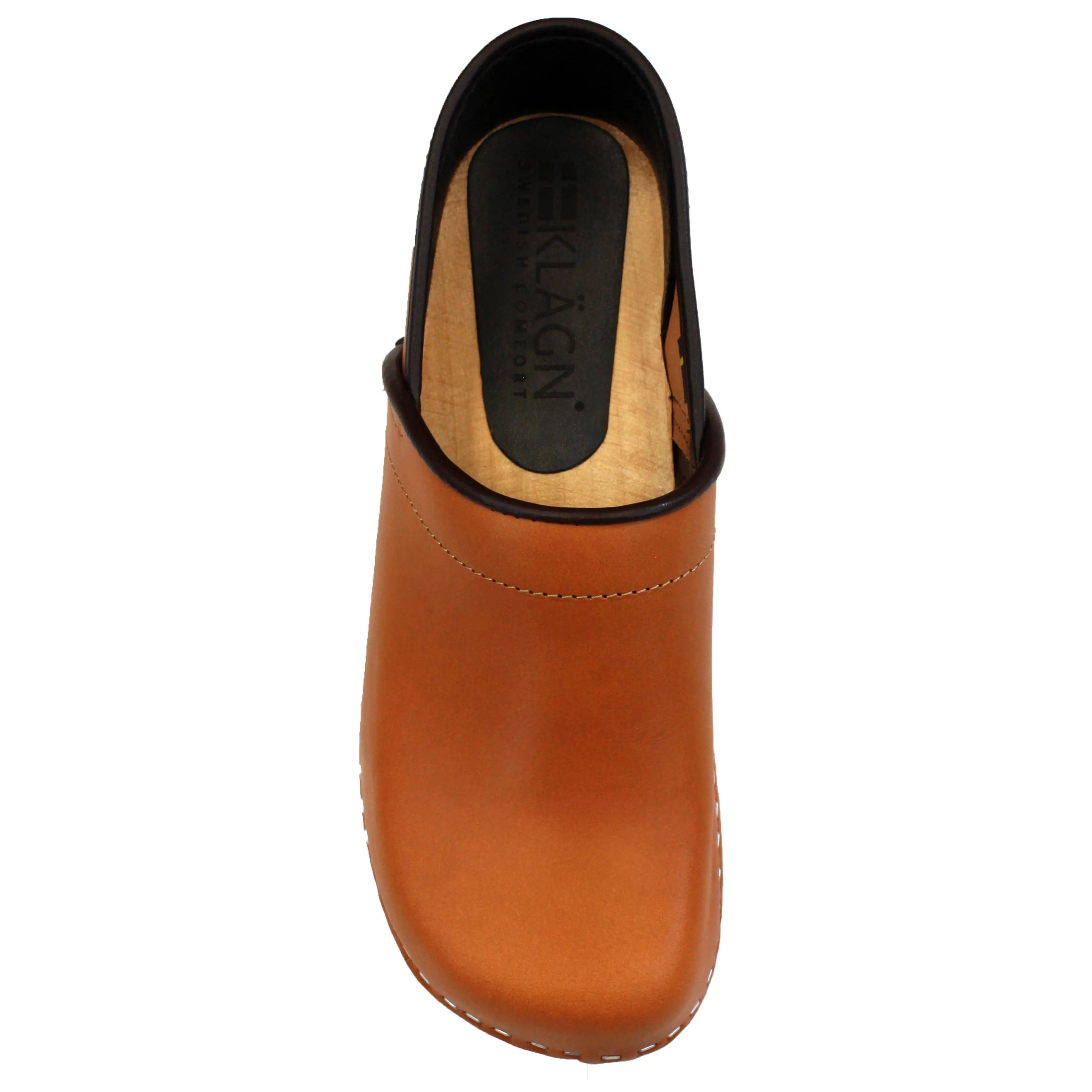 KLÄGN Tindra Wood Closed Back Grip Caramel Veg Tan Leather Clogs