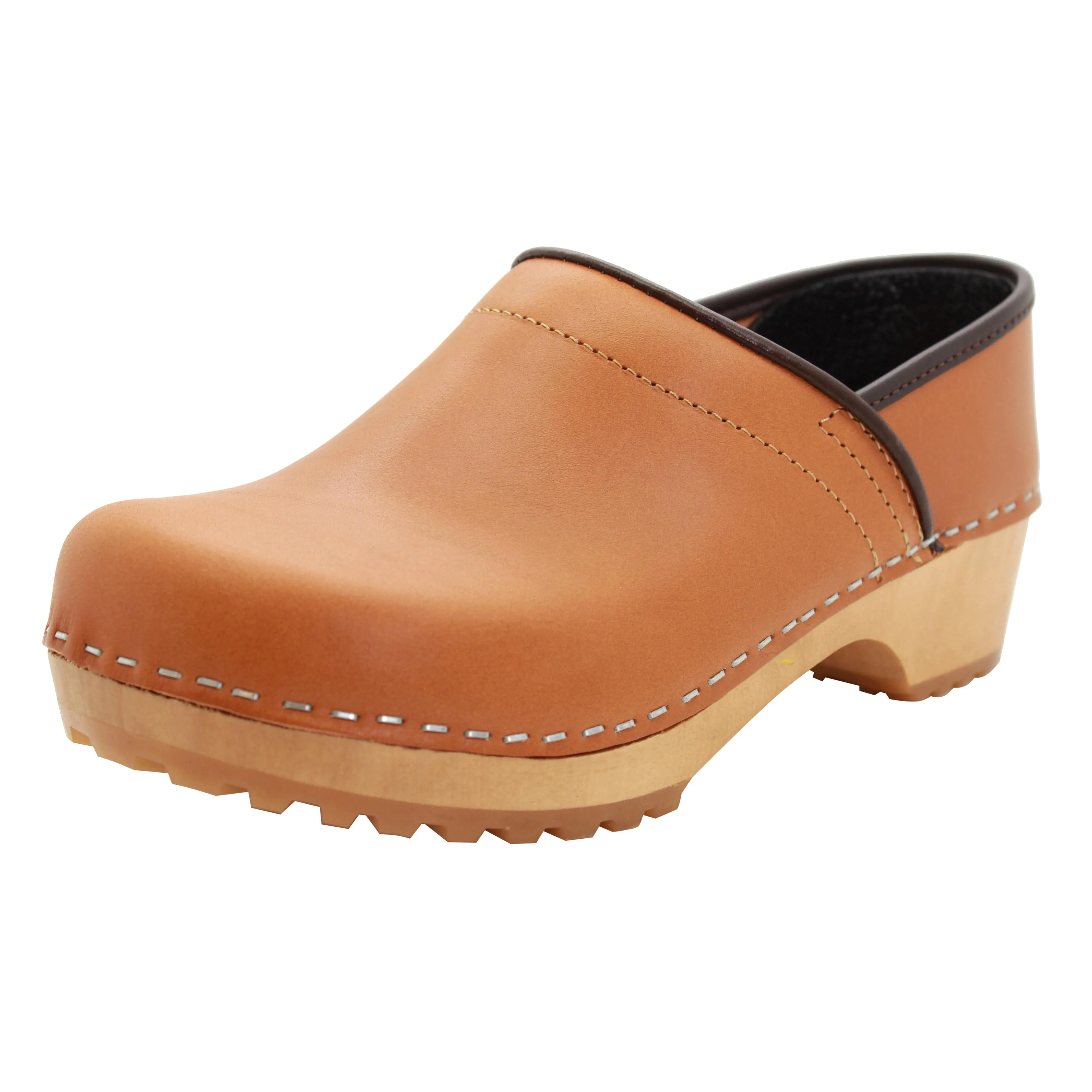 KLÄGN Tindra Wood Closed Back Grip Caramel Veg Tan Leather Clogs