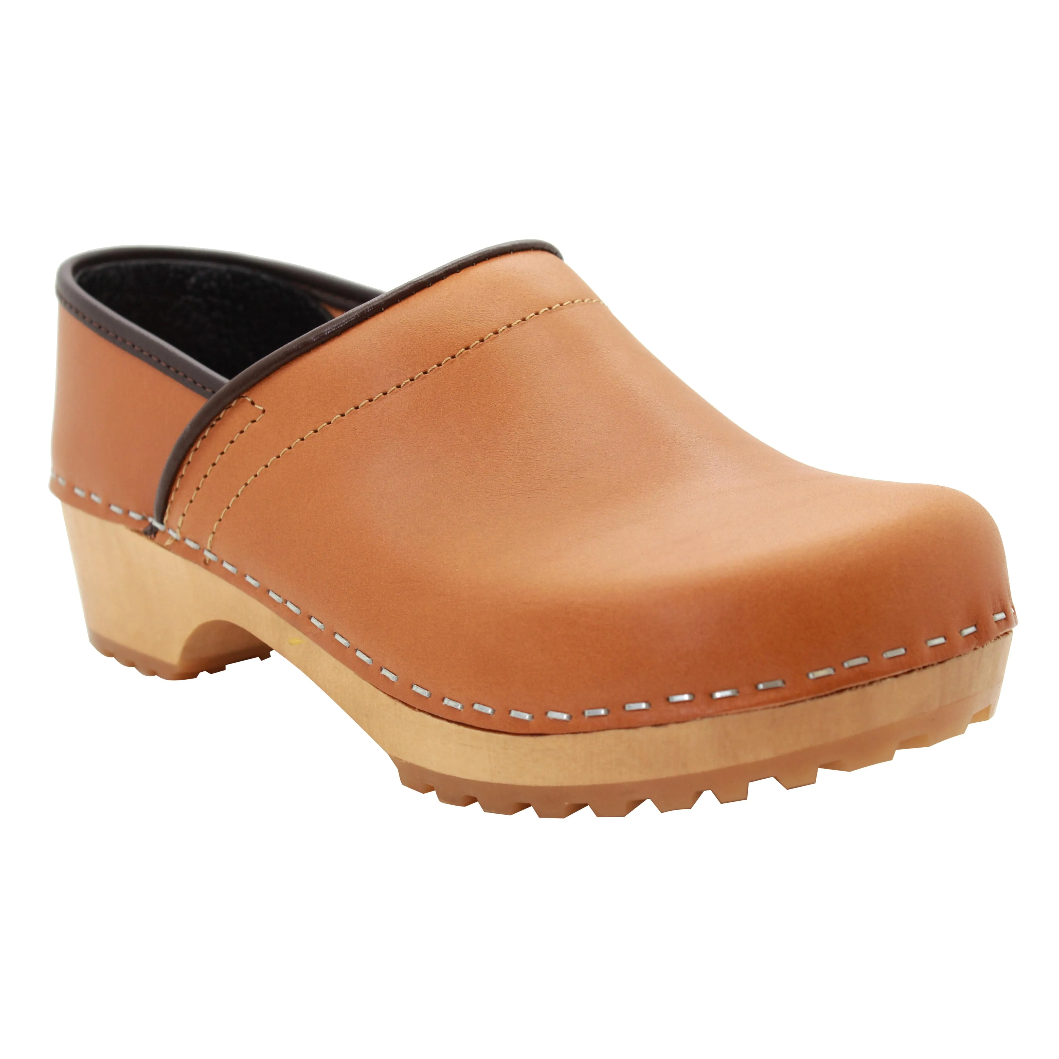 KLÄGN Tindra Wood Closed Back Grip Caramel Veg Tan Leather Clogs