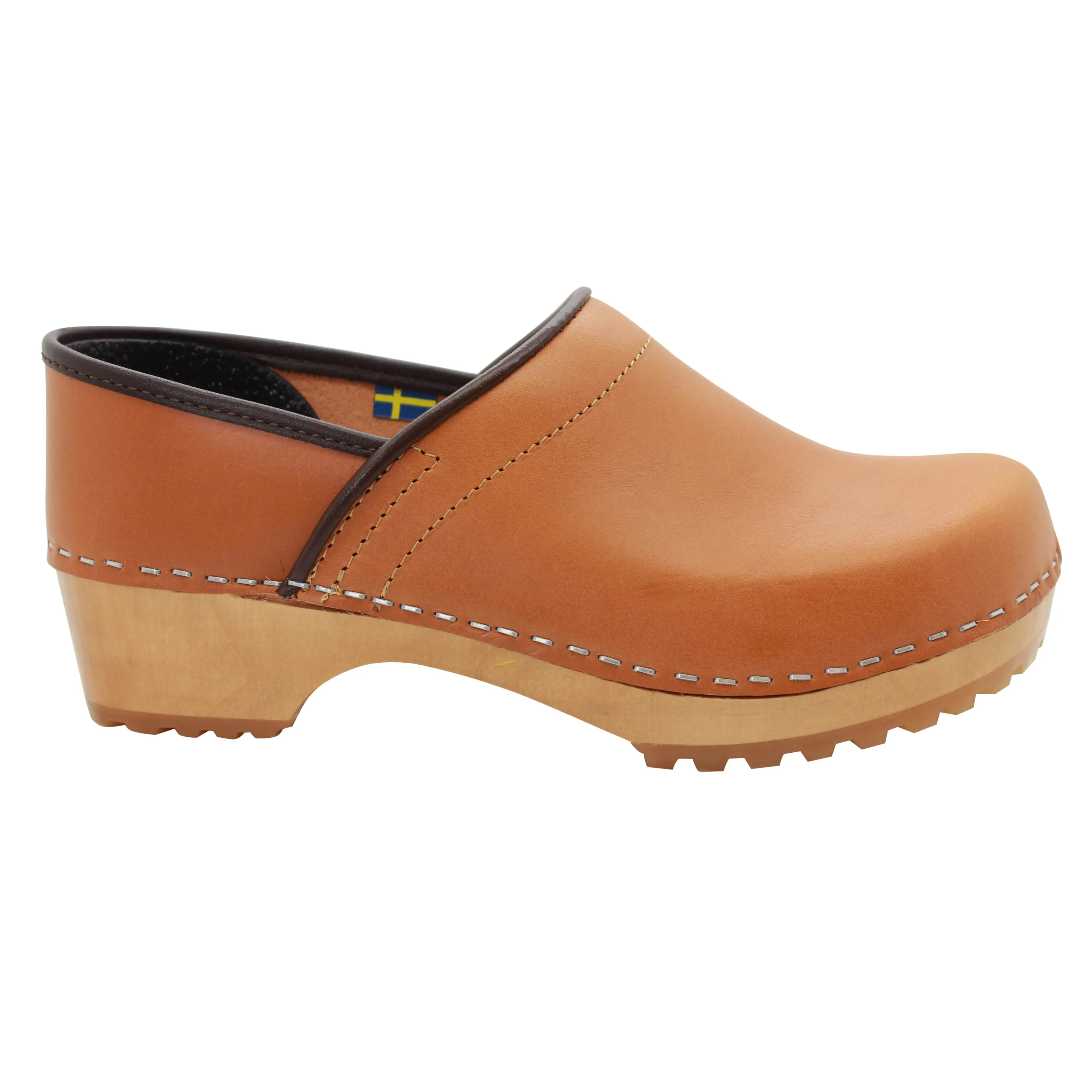 KLÄGN Tindra Wood Closed Back Grip Caramel Veg Tan Leather Clogs