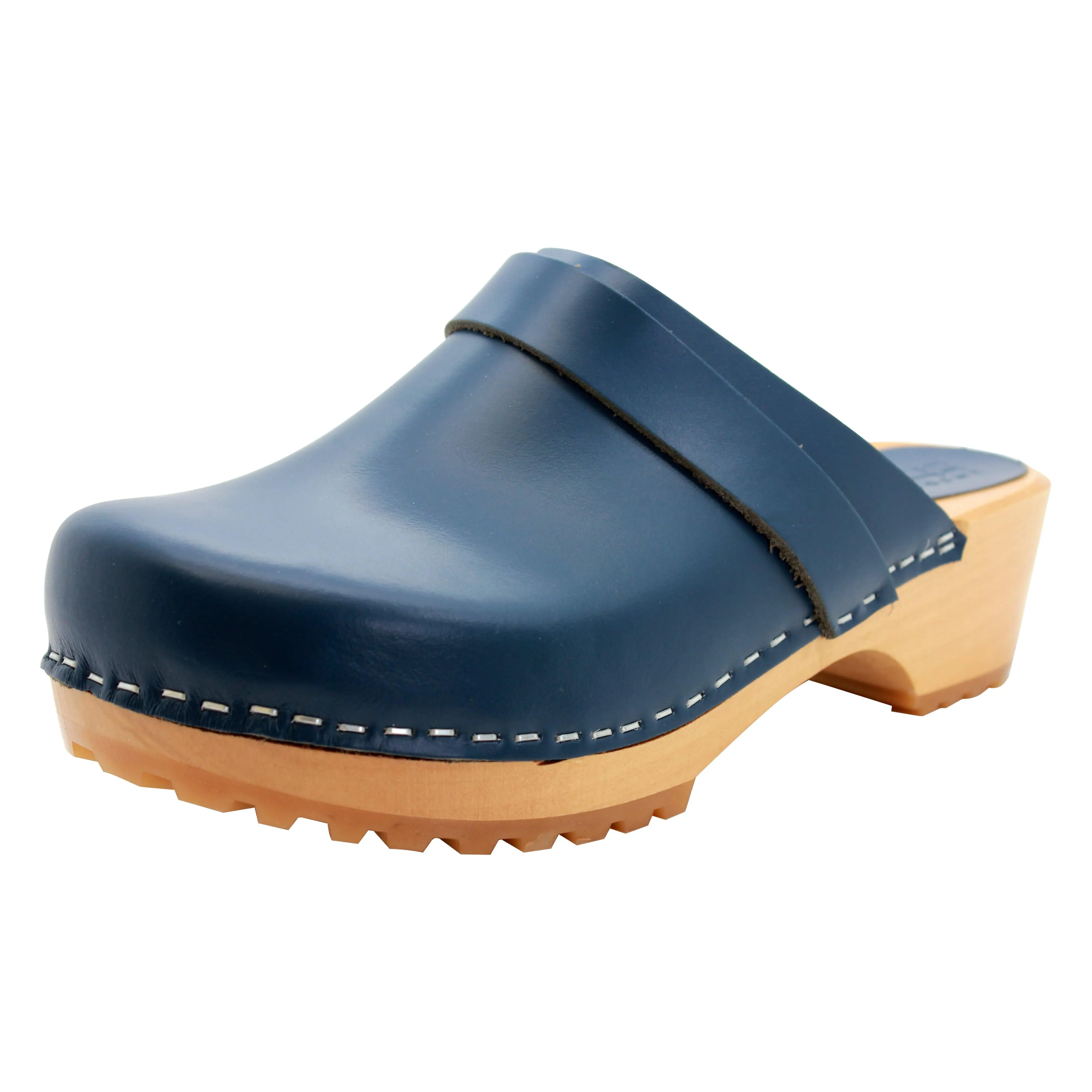 KLÄGN Tuva Wood Open Back Grip Cobalt Veg Tan Leather Clogs